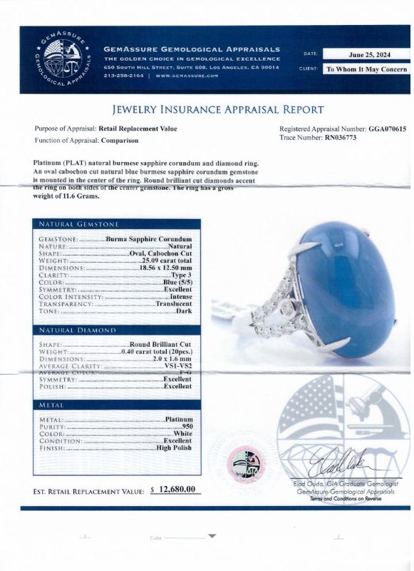 Photo 1 of 25.09ct Blue BURMESE Sapphire and 0.40ctw Diamond Platinum Ring Size 6 3/4 with Appraisal RN036773