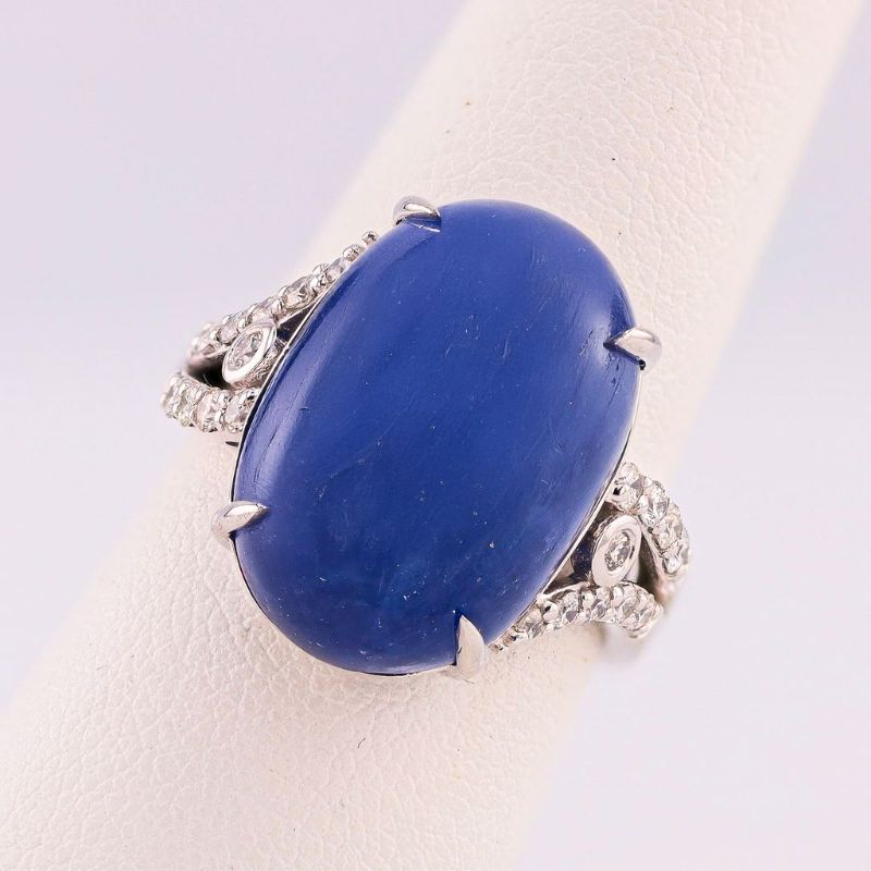 Photo 1 of 25.09ct Blue BURMESE Sapphire and 0.40ctw Diamond Platinum Ring Size 6 3/4 with Appraisal RN036773