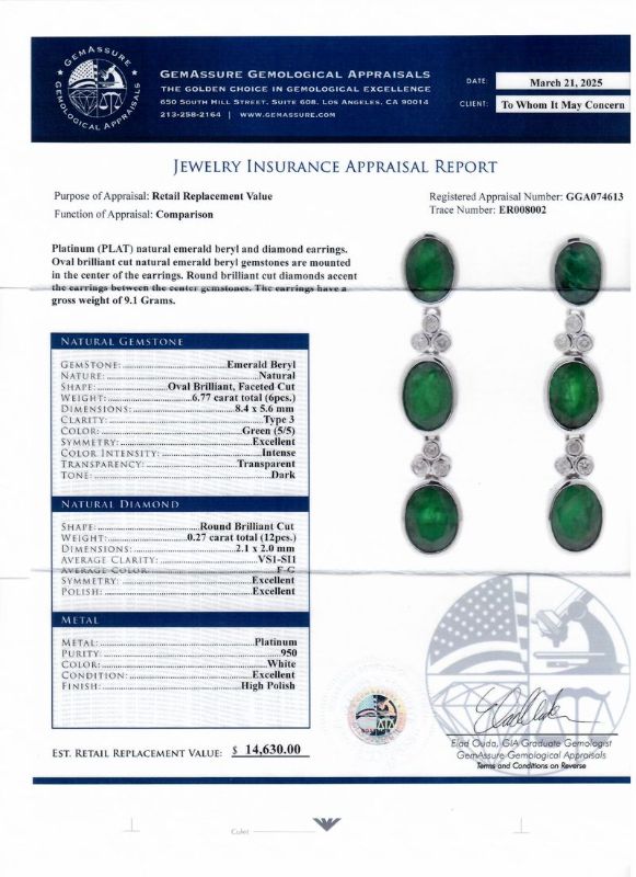 Photo 1 of 6.77ctw Emerald and 0.27ctw Diamond Platinum Dangle Earrings With Appraisal ER008002