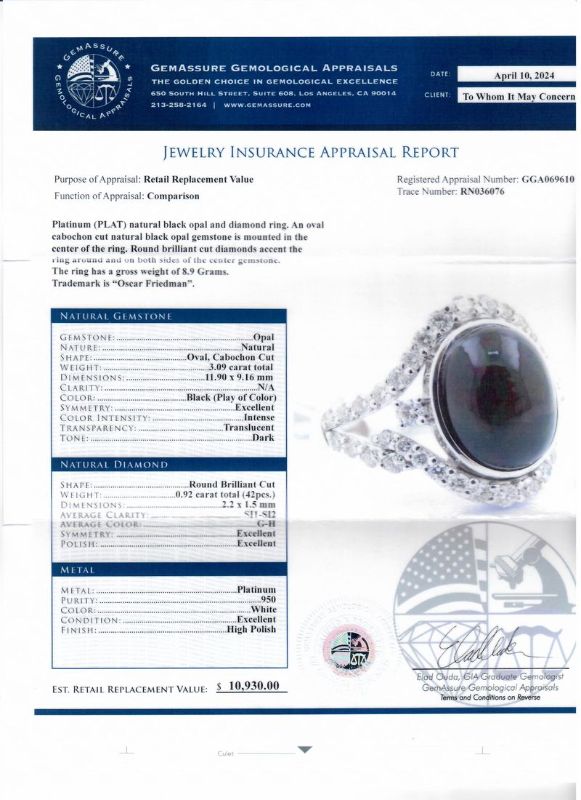 Photo 1 of 3.09ct Opal and 0.92ctw Diamond Platinum Ring Size 6 3/4 with Appraisal RN036076