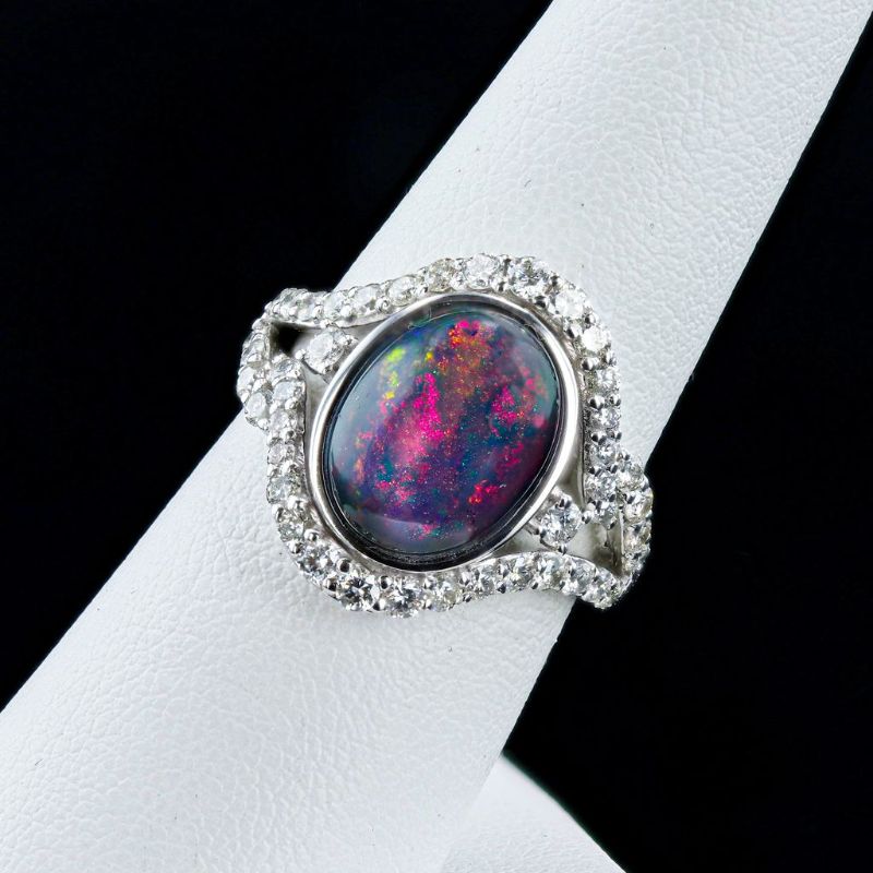 Photo 1 of 3.09ct Opal and 0.92ctw Diamond Platinum Ring Size 6 3/4 with Appraisal RN036076