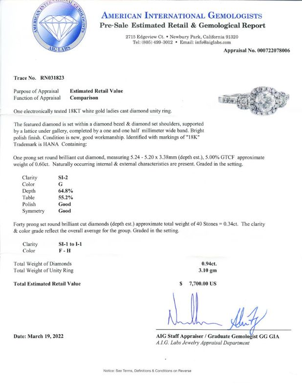 Photo 1 of 0.60ct SI2 CLARITY CENTER Diamond 18K White Gold Ring (0.94ctw Diamonds) Size 6 1/2 with Appraisal RN031823