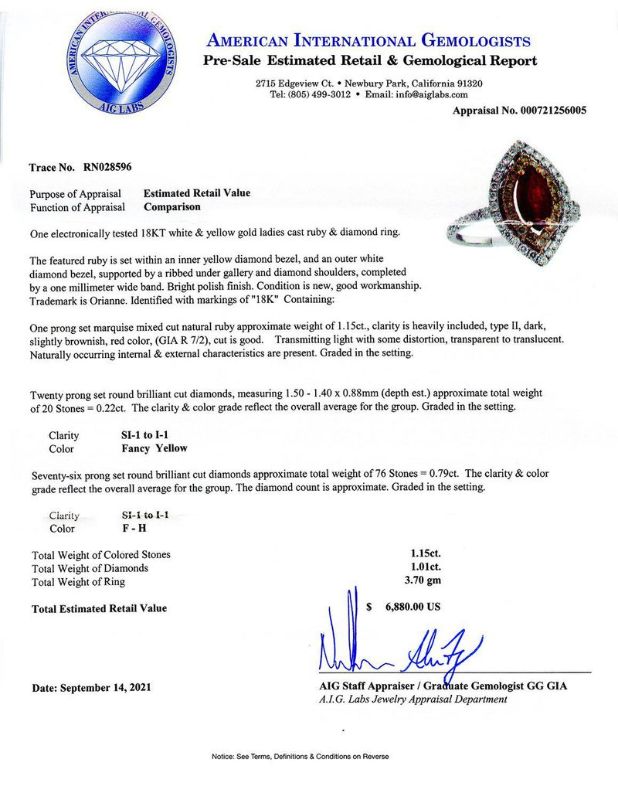 Photo 1 of 1.15ct Ruby and 0.22ctw Diamond 18K White and Yellow Gold Ring Size 6 3/4 with Appraisal RN028596