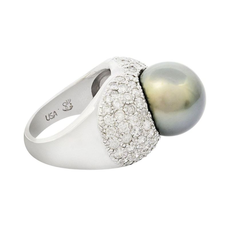 Photo 1 of 12.0mm Tahitian Pearl and 1.96ctw Diamond 14KT White Gold Ring Size 7 with Appraisal RN019899