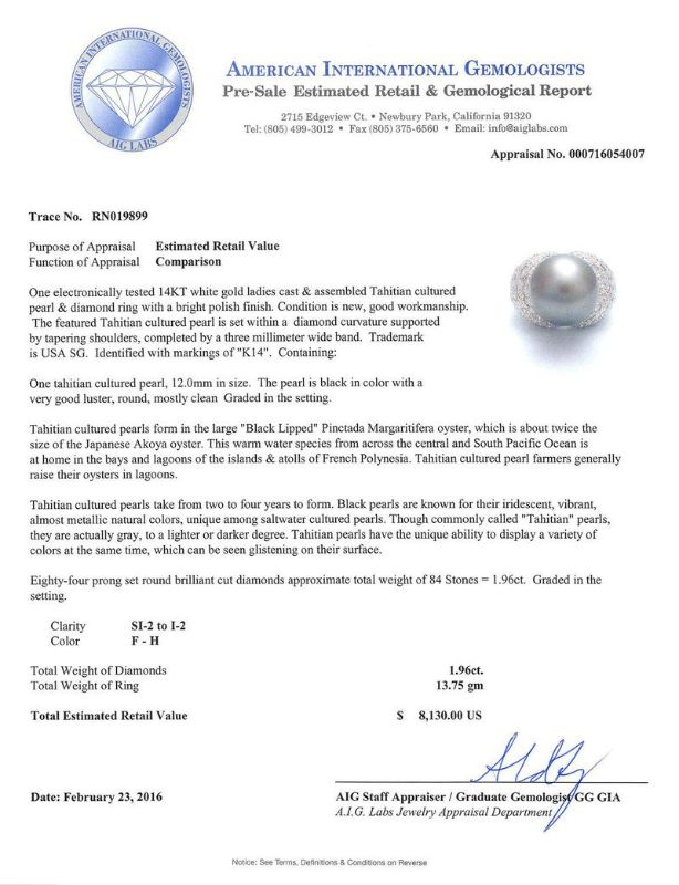 Photo 1 of 12.0mm Tahitian Pearl and 1.96ctw Diamond 14KT White Gold Ring Size 7 with Appraisal RN019899