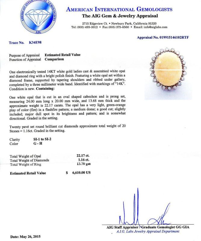 Photo 1 of 22.17ct Opal and 1.16ctw Diamond 14K White Gold Ring Size 7 1/4 with Appraisal RN018011