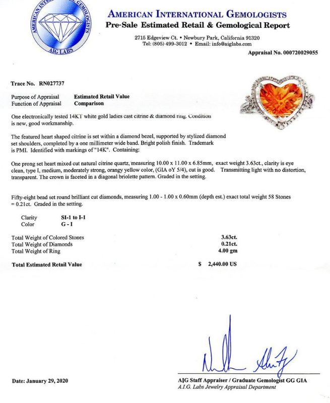 Photo 1 of 3.63ct Heart Shaped Citrine and 0.21ctw Diamond 14K White Gold Ring Size 6 1/4 with Appraisal RN027737