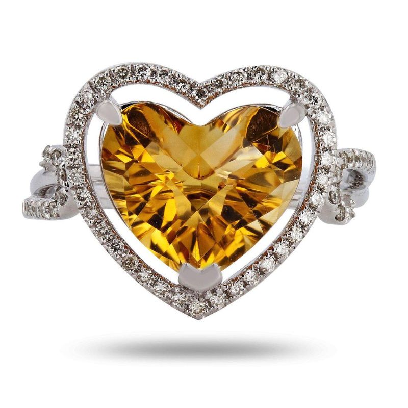 Photo 1 of 3.63ct Heart Shaped Citrine and 0.21ctw Diamond 14K White Gold Ring Size 6 1/4 with Appraisal RN027737