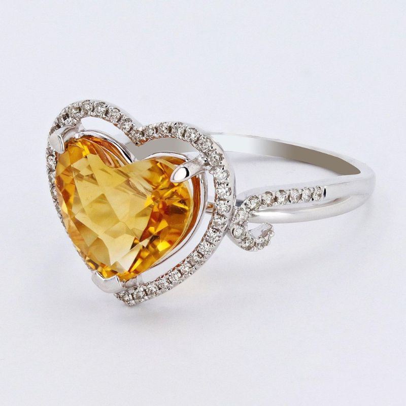 Photo 1 of 3.63ct Heart Shaped Citrine and 0.21ctw Diamond 14K White Gold Ring Size 6 1/4 with Appraisal RN027737