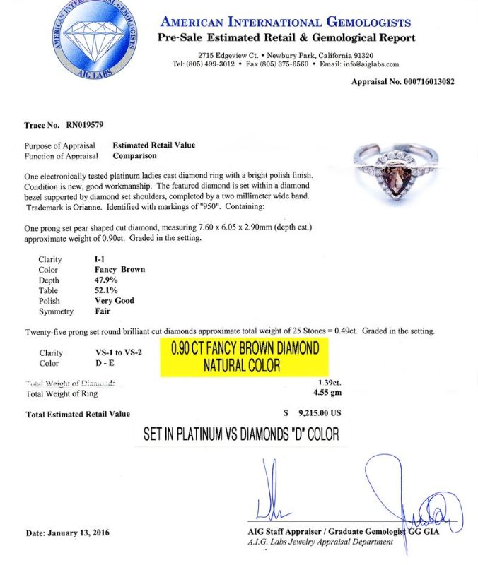 Photo 1 of 0.90ct Fancy Brown CENTER Diamond Platinum Ring (1.39ctw Diamonds) size 6 3/4 with Appraisal RN019579
