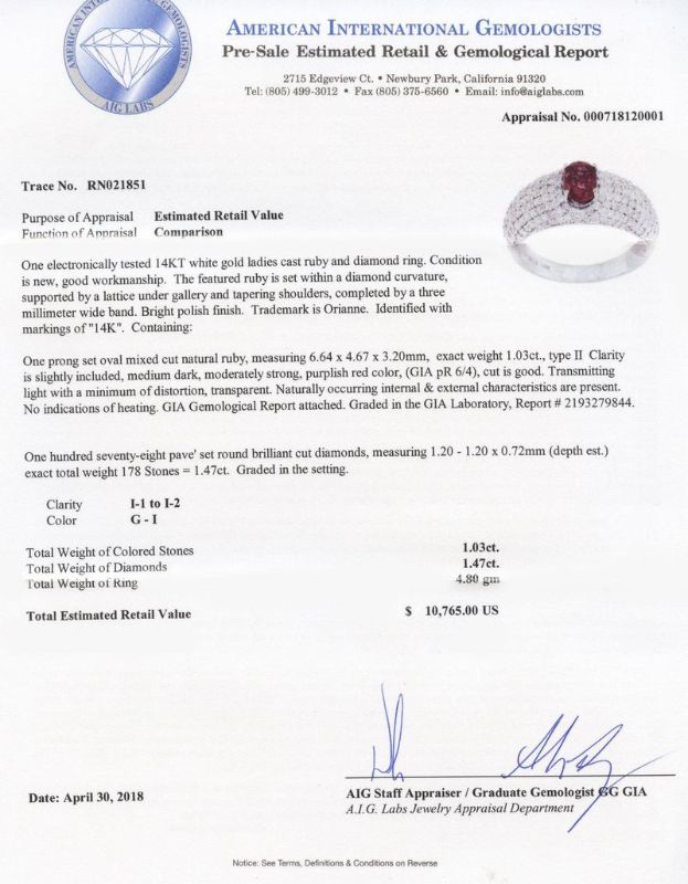 Photo 1 of 1.03ct UNHEATED Ruby and 1.47ctw Diamond 14K White Gold Ring Size 7 with Appraisal RN021851