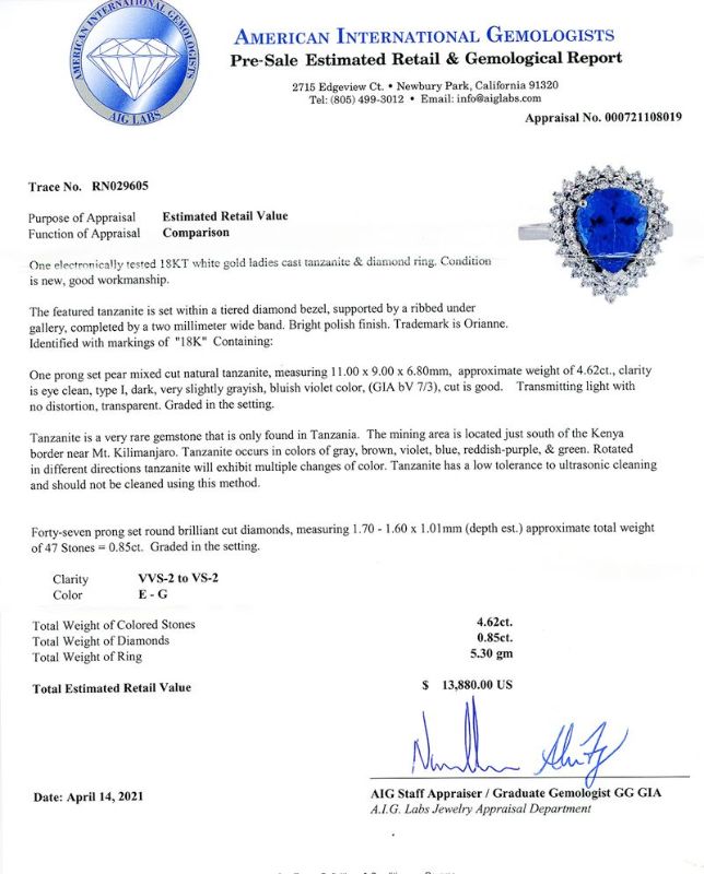 Photo 1 of 4.62ct Tanzanite and 0.85ctw Diamond 18K White Gold Ring Size 7 with Appraisal
RN029605