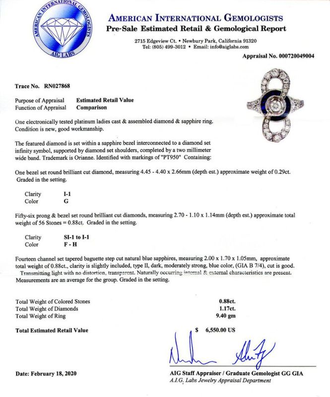 Photo 1 of 0.29ct Diamond and 0.88ctw Blue Sapphire Platinum Ring (1.17ctw Diamonds) Size 7 with Appraisal RN027862