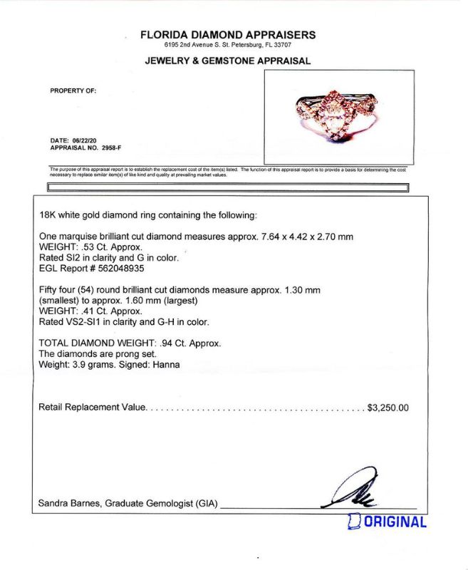 Photo 1 of 0.53ct CENTER SI2 CLARITY Diamond 18K White Gold Ring (0.94ctw Diamonds) Size 6 1/4 with Appraisal RN020066