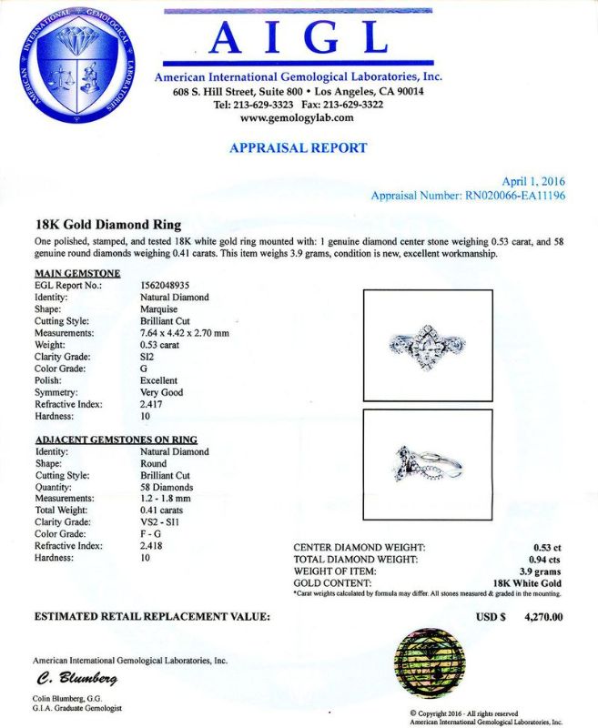 Photo 1 of 0.53ct CENTER SI2 CLARITY Diamond 18K White Gold Ring (0.94ctw Diamonds) Size 6 1/4 with Appraisal RN020066