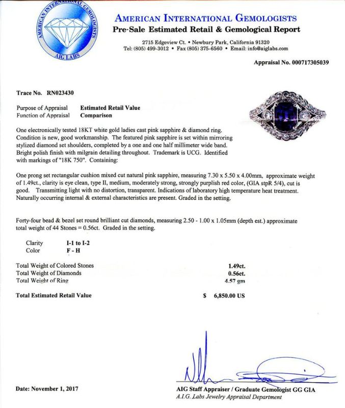 Photo 1 of 1.49ct Pink Sapphire and 0.56ctw Diamond 18K White Gold Ring Size 6 1/4 with Appraisal RN023430