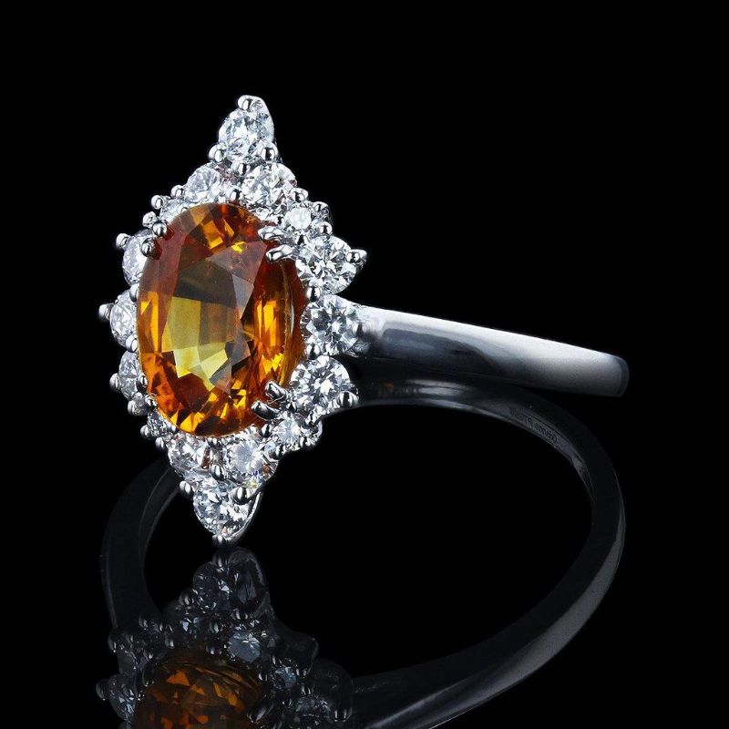 Photo 1 of 1.75ct Yellow-Orange Sapphire and 0.51ctw Diamond Platinum Ring (GIA CERTIFIED) Size 6 1/2 with Appraisal RN029198