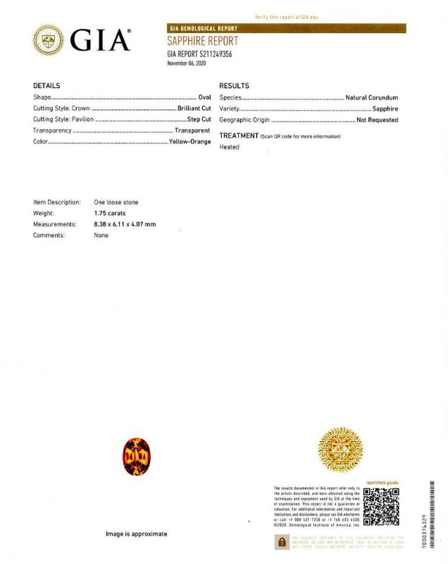 Photo 1 of 1.75ct Yellow-Orange Sapphire and 0.51ctw Diamond Platinum Ring (GIA CERTIFIED) Size 6 1/2 with Appraisal RN029198