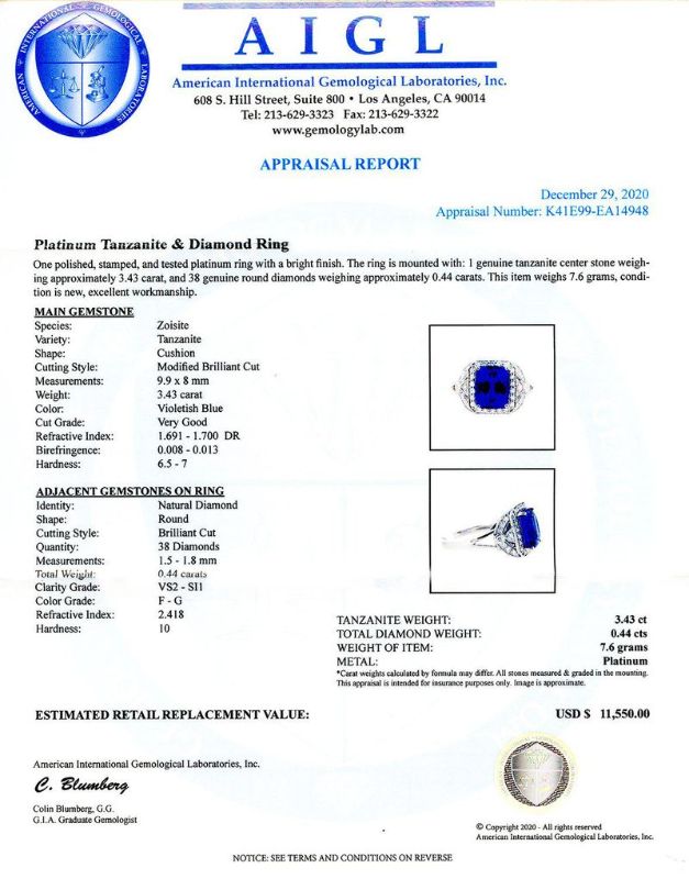 Photo 1 of 3.43ct Tanzanite and 0.44ctw Diamond Platinum Ring Size 7 1/4 with Appraisal RN029154