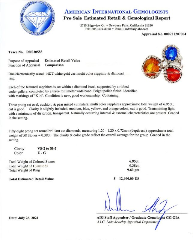 Photo 1 of 6.95ctw Multi-Color Sapphire and 0.38ctw Diamond 14K White Gold Ring Size 7 with Appraisal RN030583