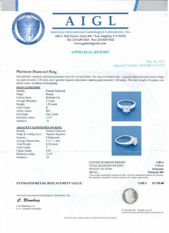 Photo 1 of 1.50ct K COLOR SI3 CLARITY CENTER Diamond Platinum Ring (1.78ctw Diamonds) size 7 3/4 with Appraisal RN038828