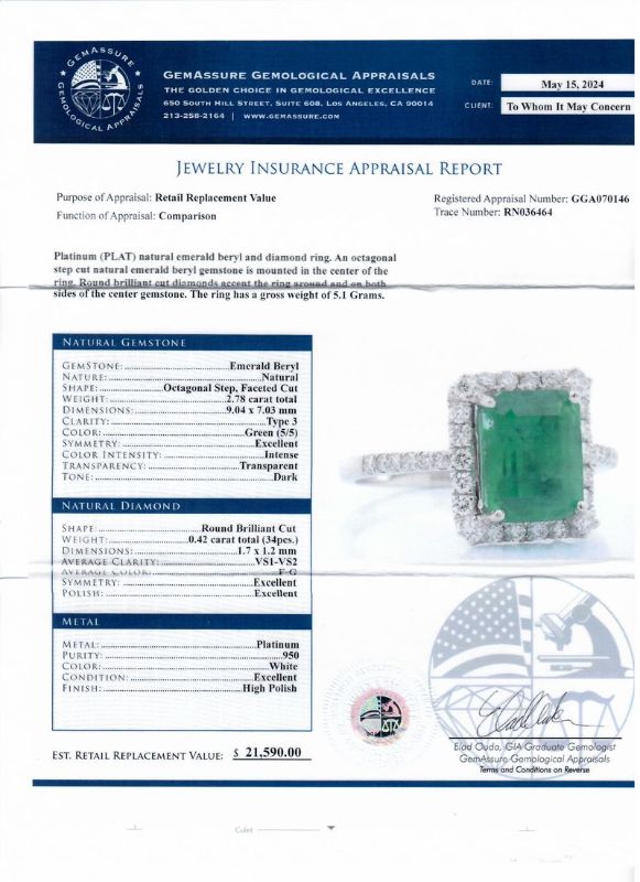 Photo 1 of 2.78ct Emerald and 0.42ctw Diamond Platinum Ring size 7 1/2 with Appraisal RN036464