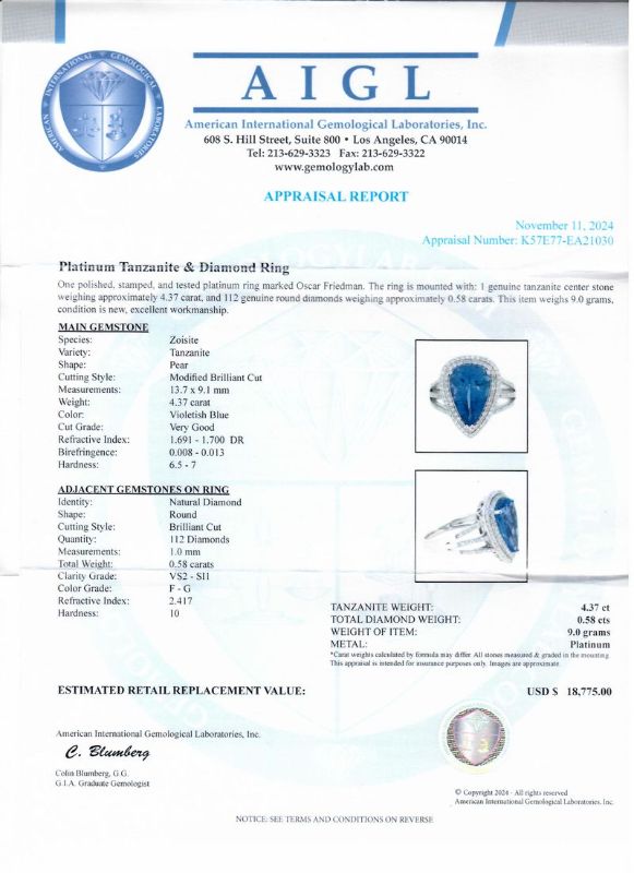 Photo 1 of 4.37ct Tanzanite and 0.58ctw Diamond Platinum Ring size 7 RN037551