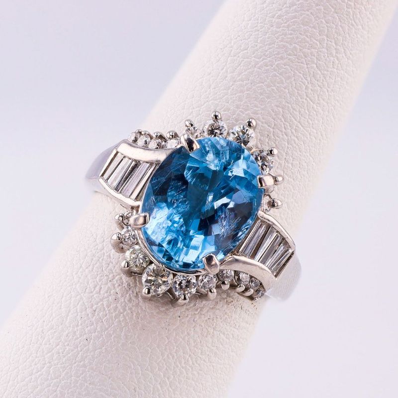 Photo 1 of 3.77ct Aquamarine and 0.75ctw Diamond Platinum Ring Size 6 1/2 with Appraisal RN035029