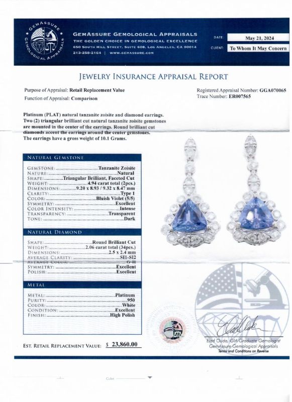 Photo 1 of 4.94ctw Tanzanite and 2.06ctw Diamond Platinum Dangle Earrings with Appraisal ER007565