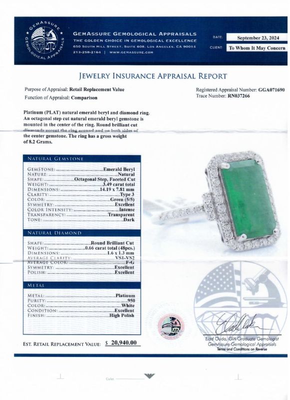 Photo 1 of 3.49ct Emerald and 0.66ctw Diamond Platinum Ring size 7 with Appraisal RN037266