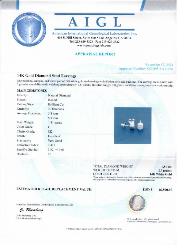 Photo 1 of 1.81ctw G COLOR SI2 CLARITY Diamond 14K White Gold Stud Earrings with Appraisal ER007819