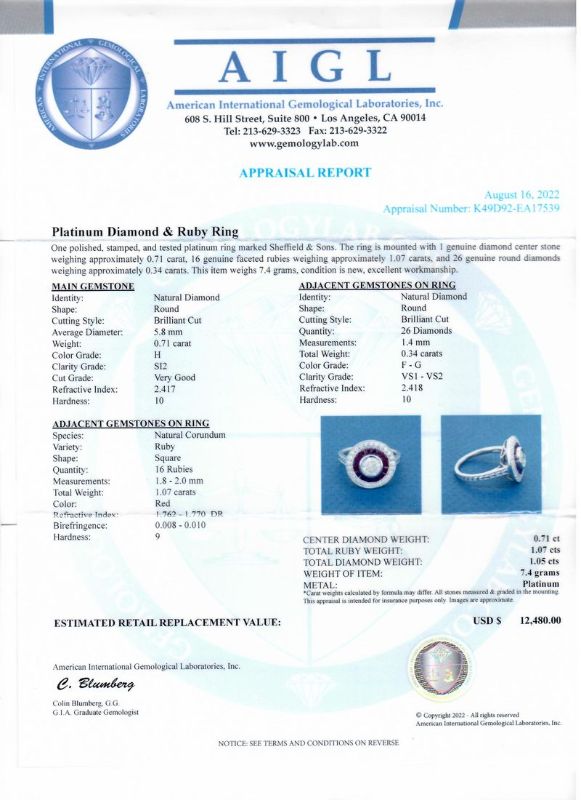 Photo 1 of 0.71ct H COLOR SI2 CLARITY Diamond and 1.07ctw Ruby Platinum Ring (1.05ctw Diamonds) Size 7 with Appraisal RN032894