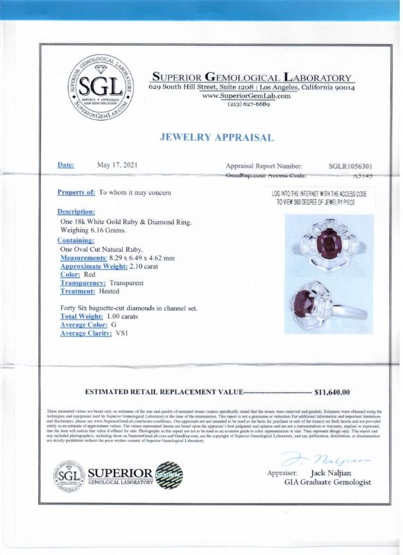 Photo 1 of 2.10ct Ruby and 1.00ctw Diamond 18K White Gold Ring size 6 1/4 with Appraisal RN030218