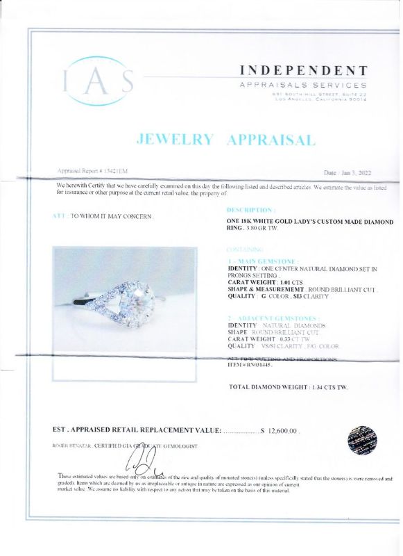 Photo 1 of 1.01ct G COLOR SI3 CLARITY CENTER Diamond 18K White Gold Ring (1.34ctw Diamonds) size 6 1/4 with Appraisal RN031445