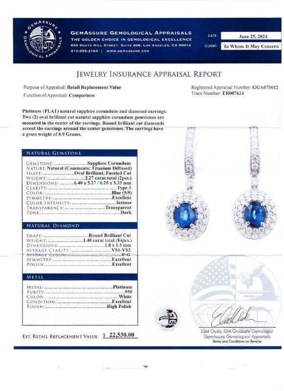 Photo 1 of 2.27ctw Blue Sapphire and 1.40ctw Diamond Platinum Earrings with Appraisal ER007624
