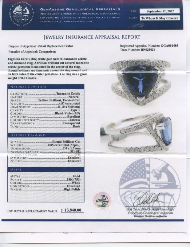 Photo 1 of 4.57ct Tanzanite and 0.85ctw Diamond 18K White Gold Ring size 6 1/4 with Appraisal RN033034