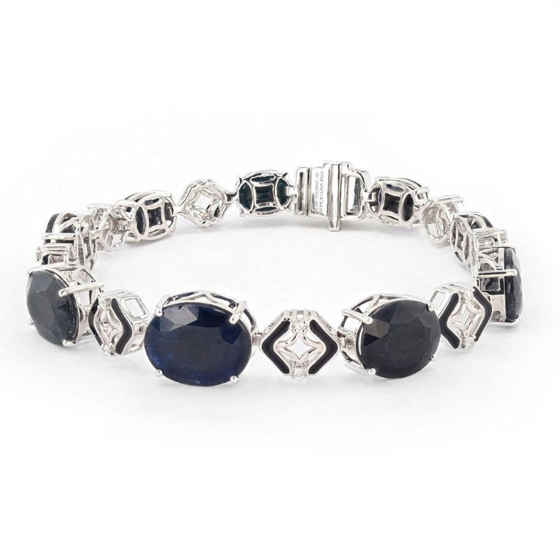 Photo 1 of 29.31ctw Blue Sapphire and 0.25ctw Diaond 18K White Gold Bracelet with Black Enamel 7", with Appraisal BR007764