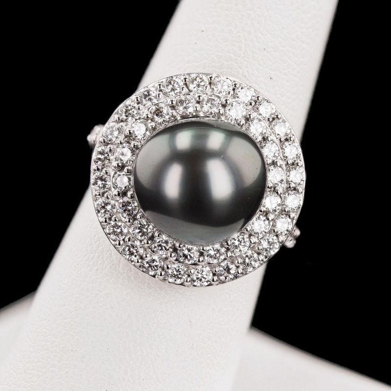 Photo 1 of 12mm Tahitian Pearl and 1.45ctw Diamond 14K White Gold Ring Size 6 1/2 with Appraisal RN033582