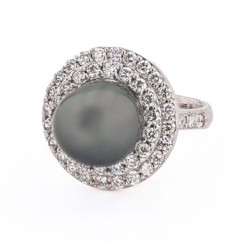 Photo 1 of 12mm Tahitian Pearl and 1.45ctw Diamond 14K White Gold Ring Size 6 1/2 with Appraisal RN033582