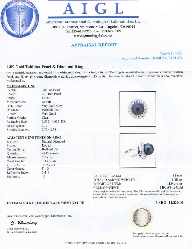 Photo 1 of 12mm Tahitian Pearl and 1.45ctw Diamond 14K White Gold Ring Size 6 1/2 with Appraisal RN033582
