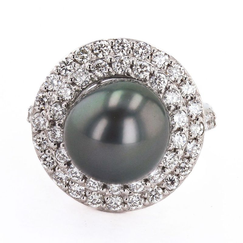 Photo 1 of 12mm Tahitian Pearl and 1.45ctw Diamond 14K White Gold Ring Size 6 1/2 with Appraisal RN033582