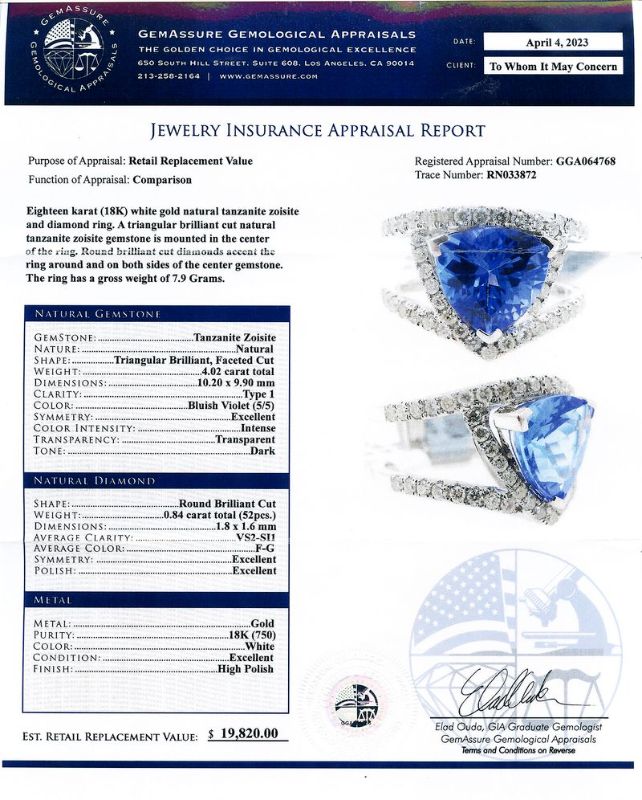 Photo 1 of 4.02ct Tanzanite and 0.84ctw Diamond 18K White Gold Ring size 6 1/2 with Appraisal RN033872