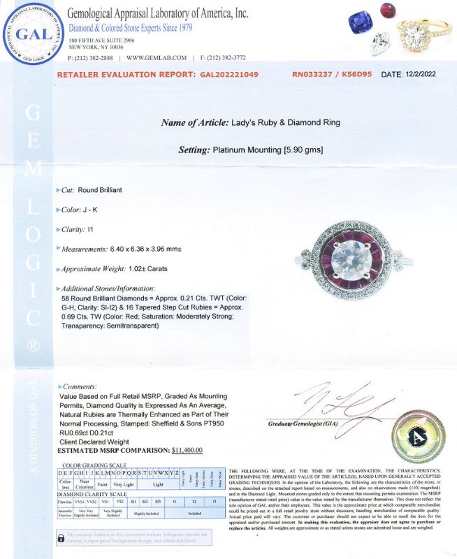 Photo 1 of 1.02ct CENTER Diamond and 0.69ctw Ruby Platinum Ring (1.23ctw Diamonds) Size 7 with Appraisal RN033237
