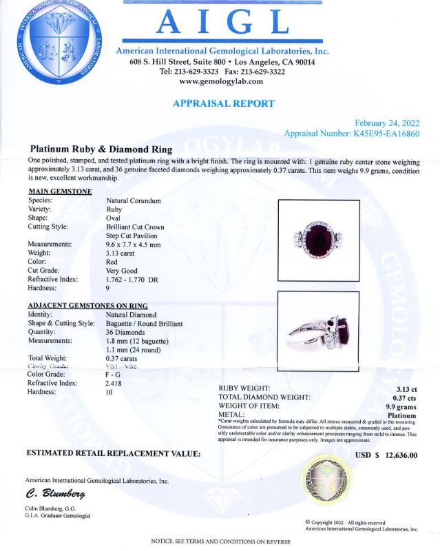 Photo 1 of 3.13ct Ruby and 0.37ctw Diamond Platinum Ring size 8 1/4 with Appraisal RN031699