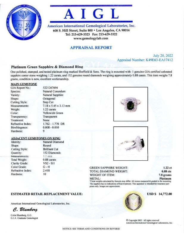 Photo 1 of 1.22ct UNHEATED Sapphire and 0.88ctw Diamond Platinum Ring (GIA CERTIFIED) Size 6 3/4 with Appraisal RN032722