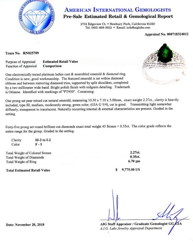 Photo 1 of 2.27ct Emerald and 0.35ctw Diamond Platinum Ring Size 7 with Appraisal RN025709