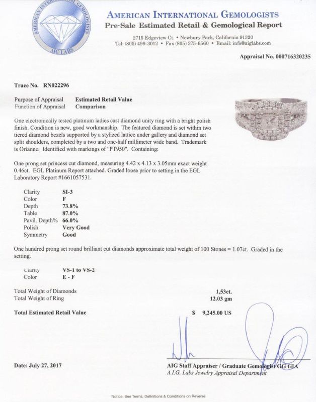 Photo 1 of 0.46ct SI3 CLARITY F COLOR CENTER Diamond Platinum Ring (1.53ctw Diamonds) EGL CERTIFIED Size 7 with Appraisal RN022296