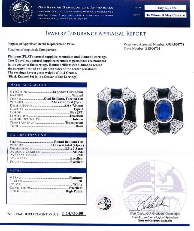 Photo 1 of 2.60ctw Blue Sapphire and 1.11ctw Diamond Platinum Earrings with Appraisal ER006701