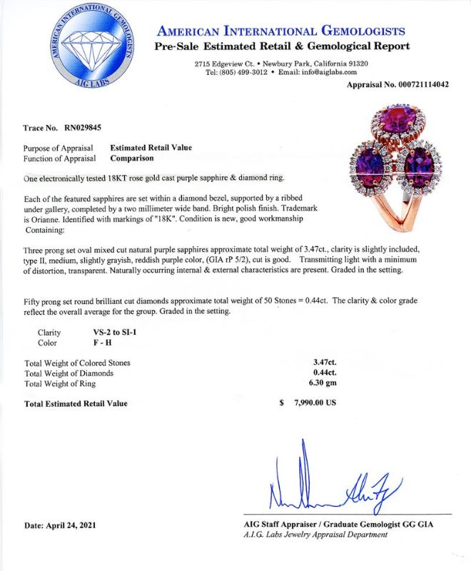 Photo 1 of 3.47ctw Purple Sapphire and 0.44ctw Diamond 18K Rose Gold Ring size 6 3/4 with Appraisal RN029845