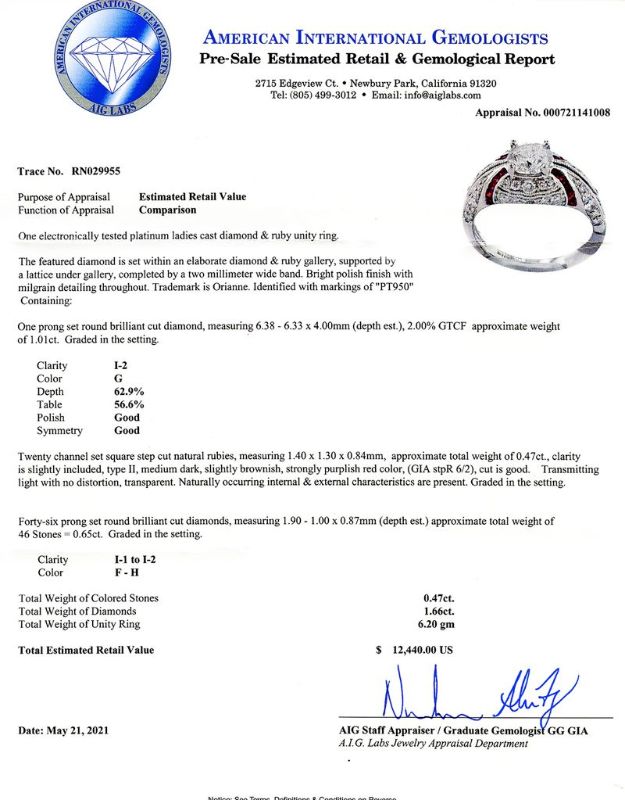 Photo 1 of 1.01ct Diamond and 0.47ctw Ruby Platinum Ring (1.66ctw Diamonds) Size 6 3/4 with Appraisal RN029955